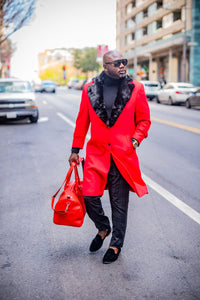 WIDE COLLAR FUR TRIMMED WOOL TRENCH COAT (RED)